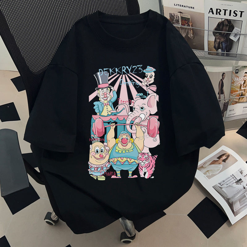 Kaos Oblong Katun dengan Desain Motif Sirkus Warna Pink, Gaya Trendy, Model Lebar, Cocok untuk Pria 