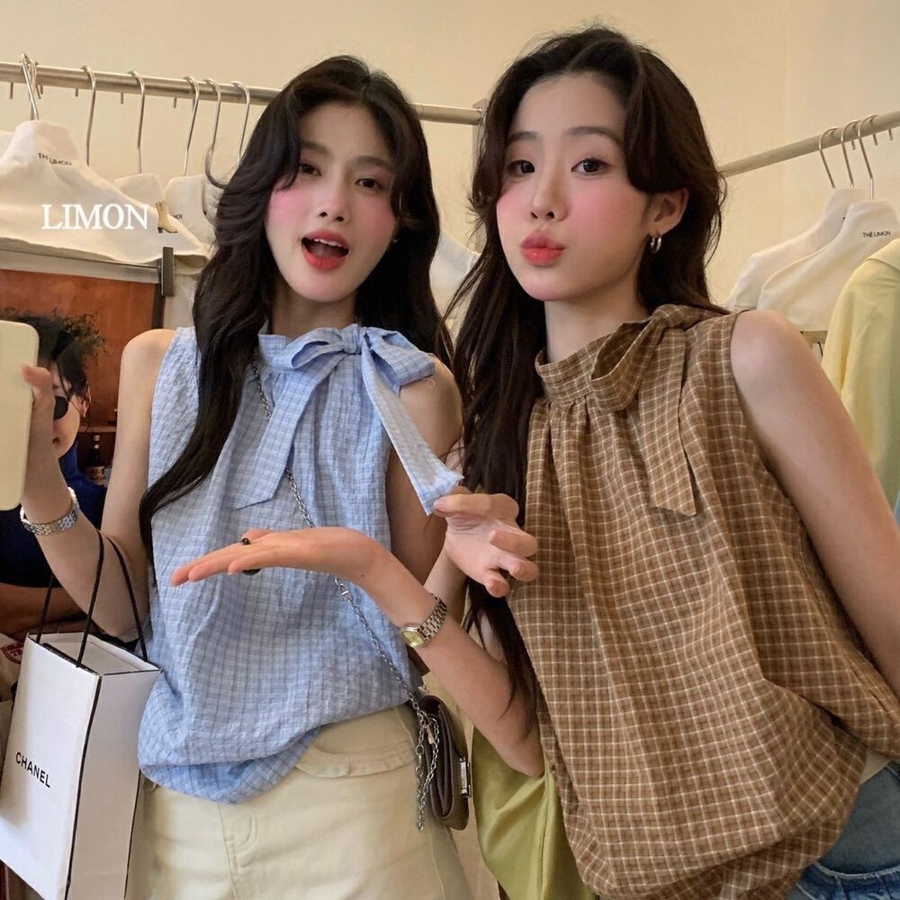 Niche kemeja kotak-kotak wanita busur tanpa lengan rompi longgar wanita atas