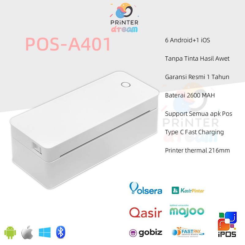 Portable Printer untuk pelajar/ Printer Mini Kertas A4/ Printer Wireless Bluetooh / Baterai 2600 MAH
