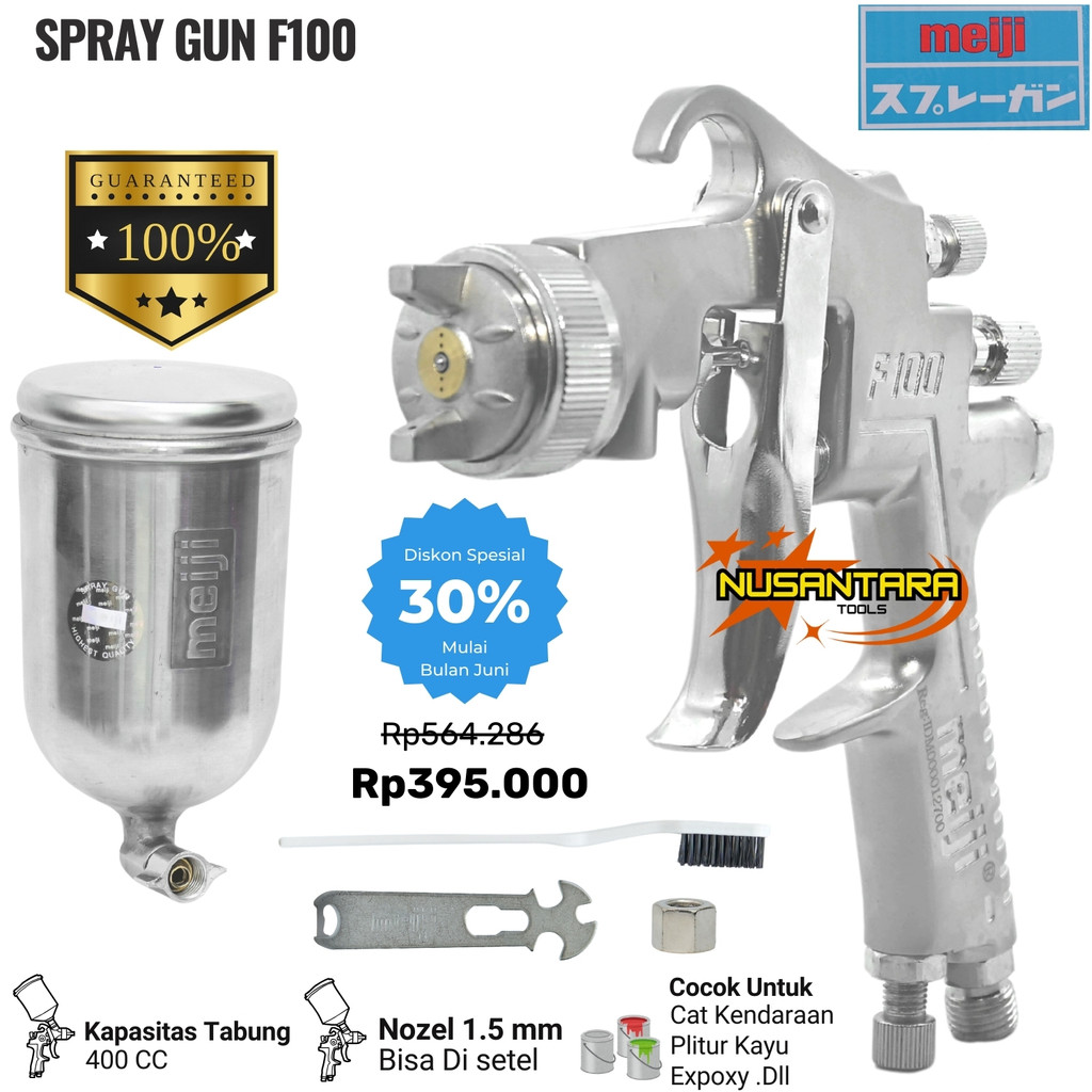 Meiji Spray Gun F100 Original Tabung Atas 400 cc Nozzle 1.5 mm Tipe F-100G Kualitas Japan
