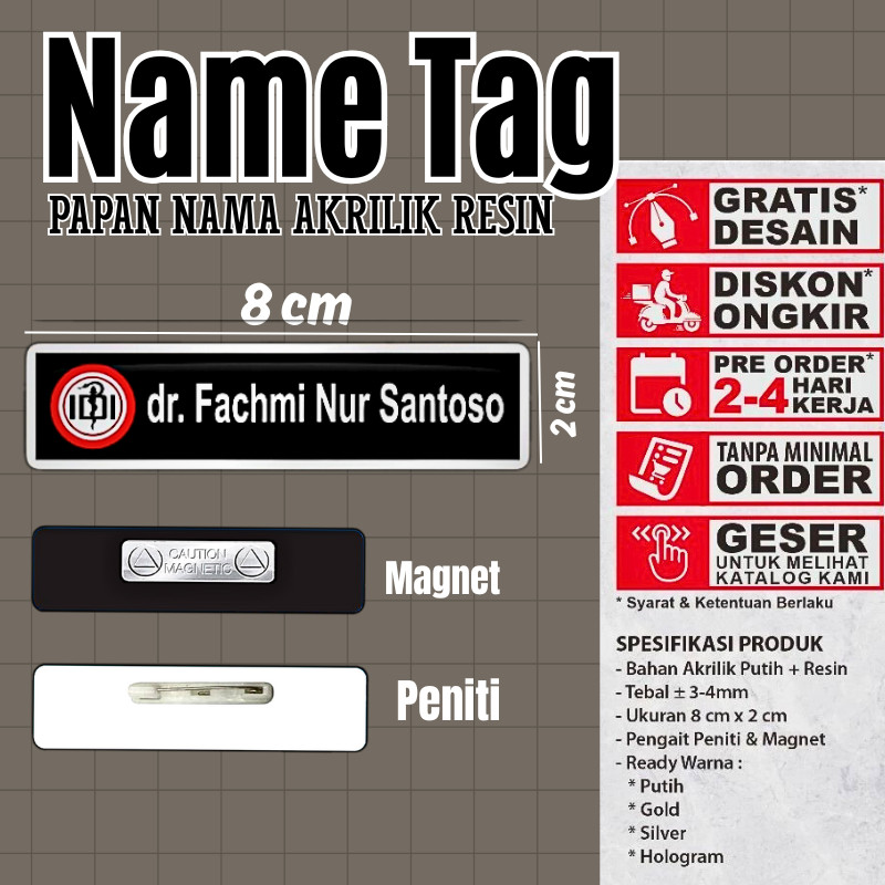 Name Tag Nama Dada Akrilik Magnet Peniti Gold Silver