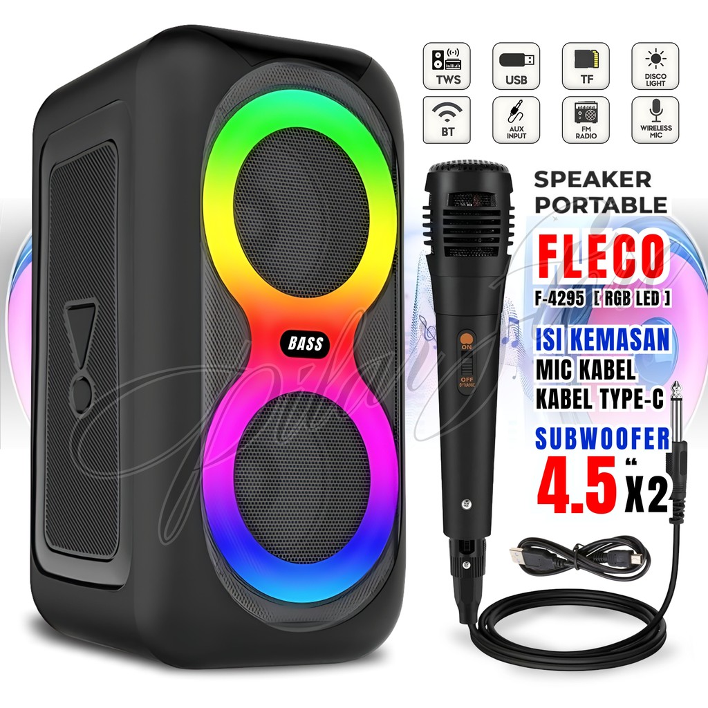 Speaker Bluetooth Karaoke Portable Free Mic KABEL RGB LED FLECO F-4295 | Salon Aktif Full Bass Termu