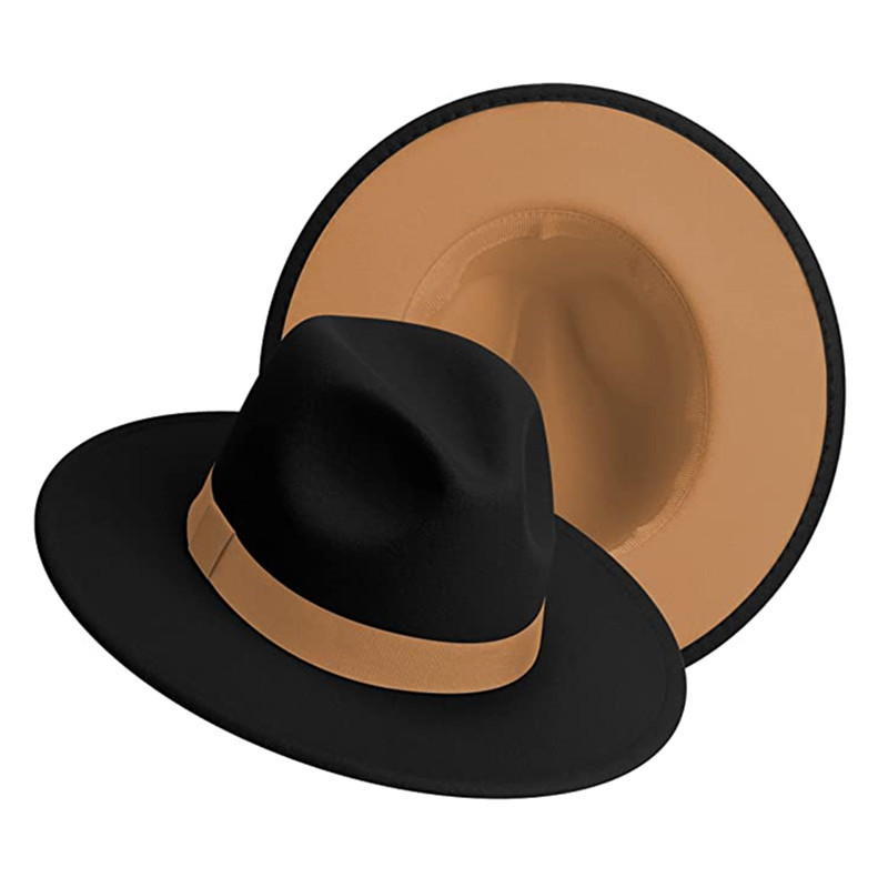 Simple Outside Black inside Camel Patchwork Wide Brim Fedora Hat Men Women Two Tone Felt Fedora Hats