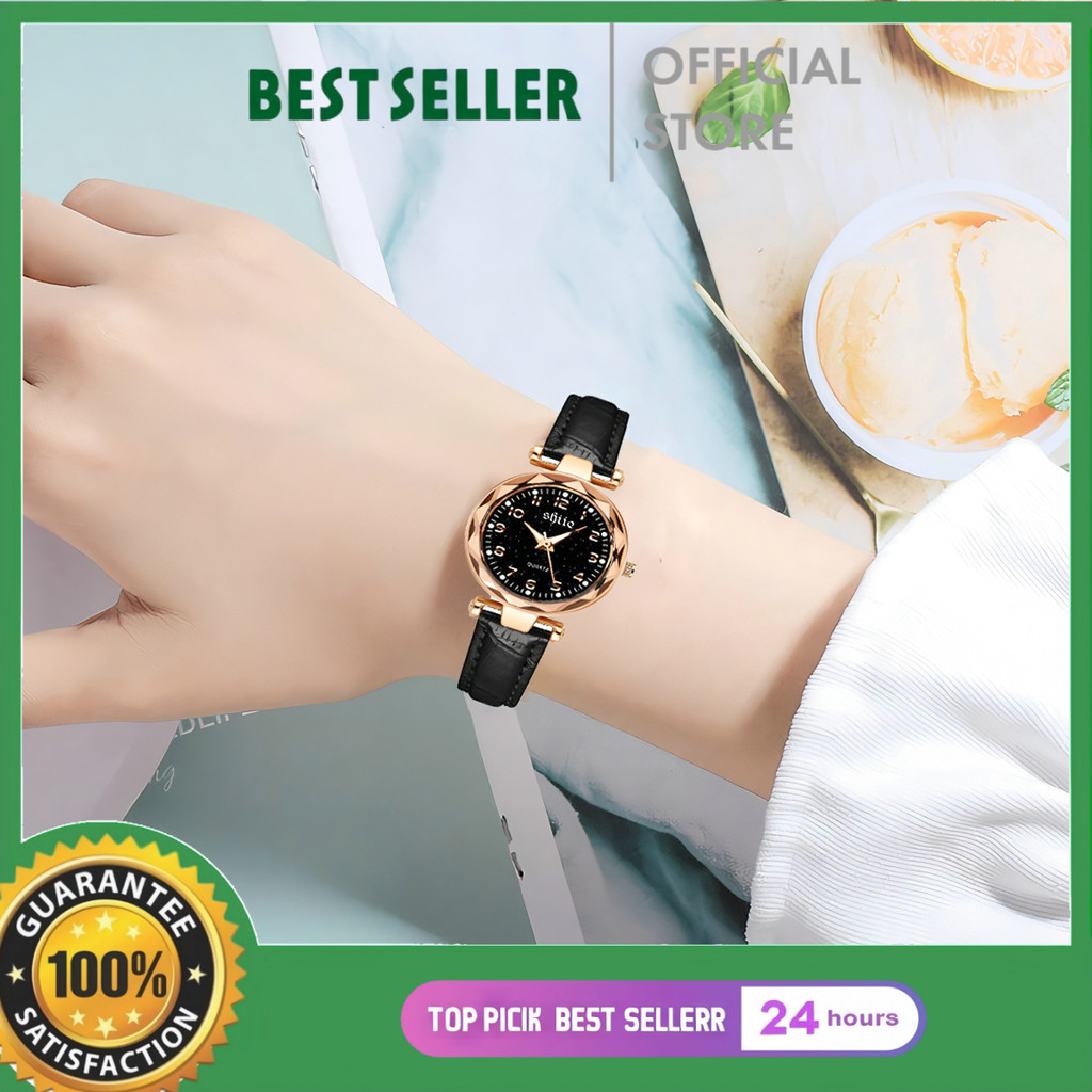 Jam Tangan Wanita Original Elegan Anti Air Desain Langit Berbintang Modis Warna Hitam Tali Kulit Pre
