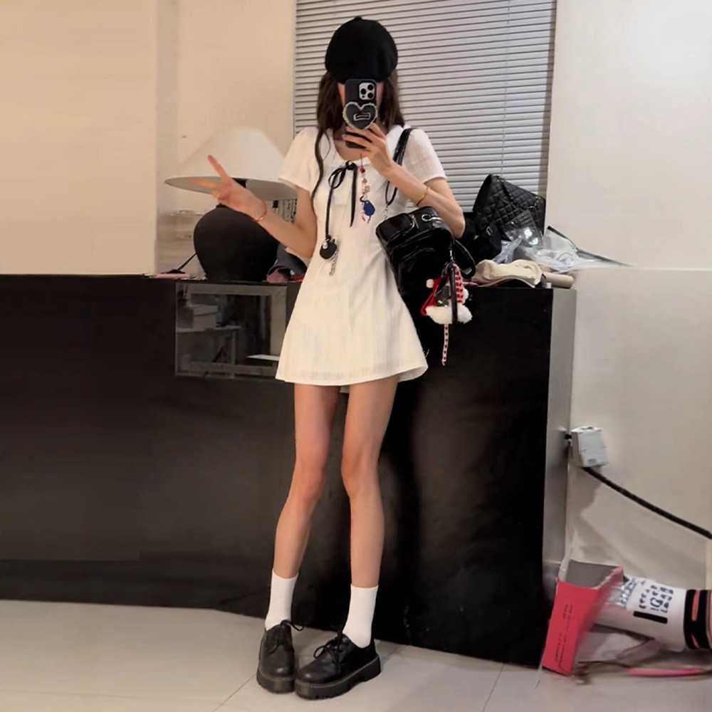 Dainty VogueGaun Kerah Boneka Putih Pita Prancis Untuk Anak Perempuan, Gaun Panjang Ramping Musim Pa