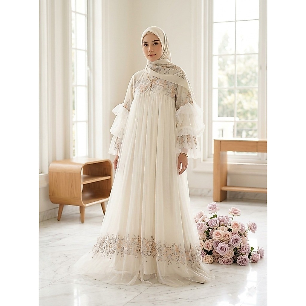 Gelmor - Gamis Series Mix Ceruty & Tule Mewah / Dress Kondangan Lengan Ruffle Bertingkat PremiumGelm