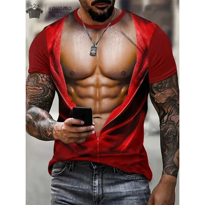 Kaos pria dengan pola otot 3D palsu cepat kering bernapas gaya sporty fashion kasual untuk pakaian l
