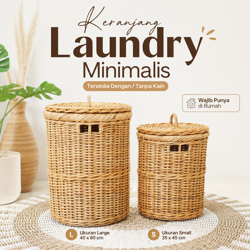 Keranjang Cucian Baju Kotor Bahan Rotan Bulat Laundry Box Aesthetic