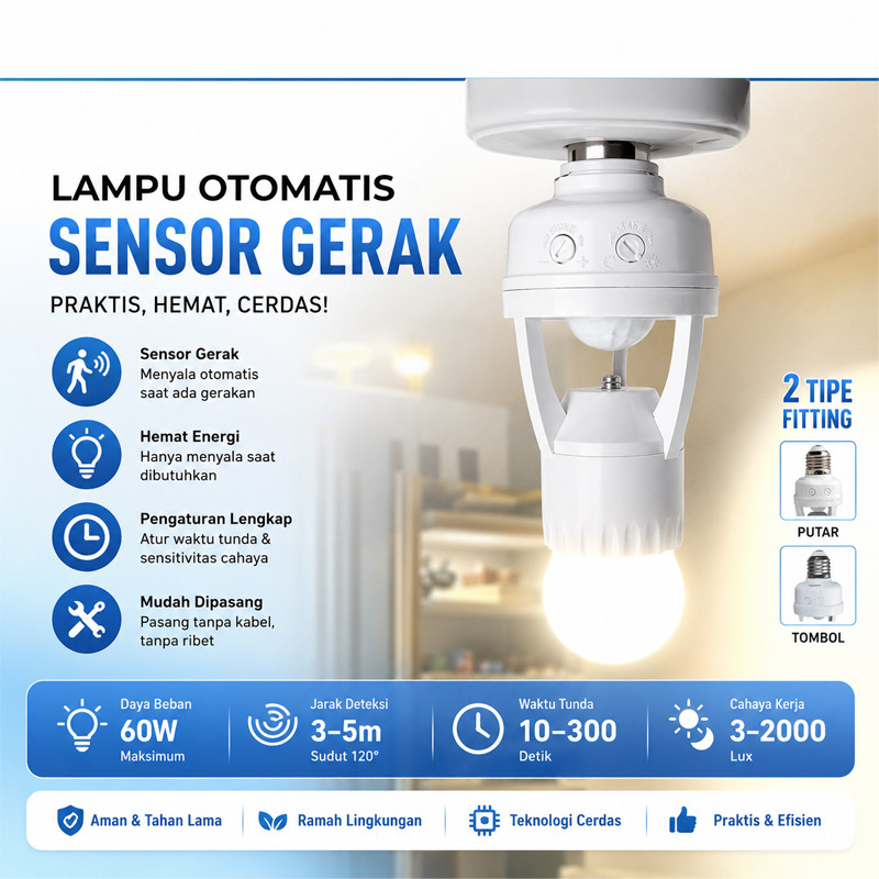Fitting Lampu Sensor Gerak Otomatis Dudukan Bohlam Timer Hemat Listrik untuk Rumah Garasi Tangga 200