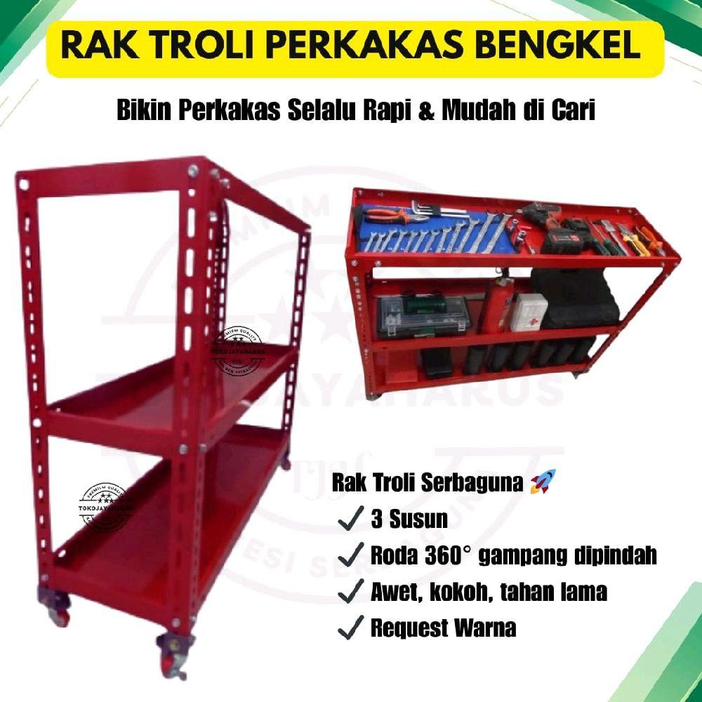 rak 3 susun / rak troli perkakas 3 susun / rak besi dengan roda / rak besi dilengkapi roda
