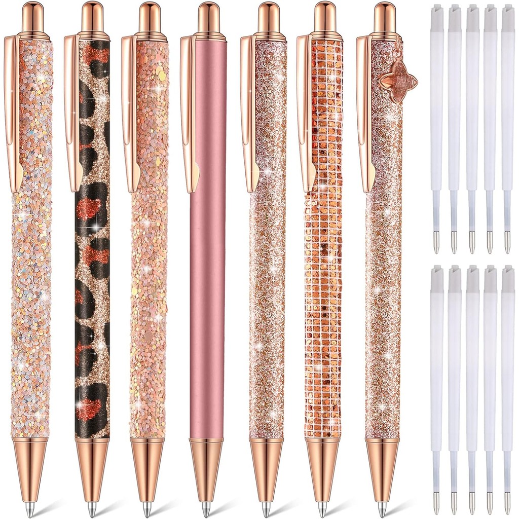 

7 Pcs Fancy Pens For Women Cute Pens Sparkly Glitter Pens with 10 Pcs Black Ink Refills Pretty Pen Gifts Journaling Pens