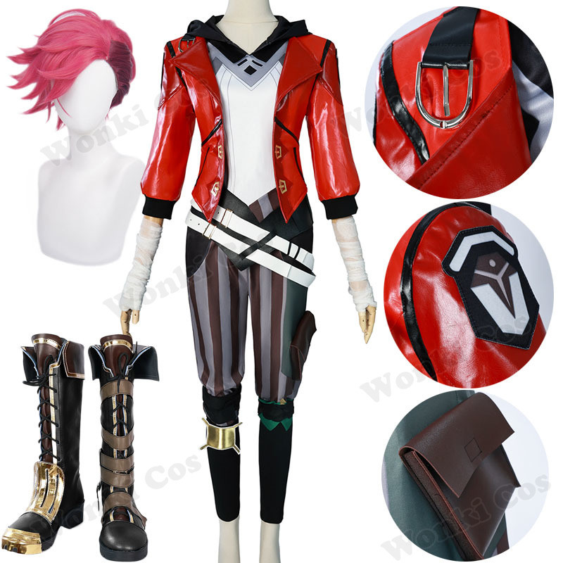 Arcane Vi Cosplay Costume Wig Hair for Anime Jinx Sister Cosplay Outfits Vi Cosplay Shoes Boots Leat
