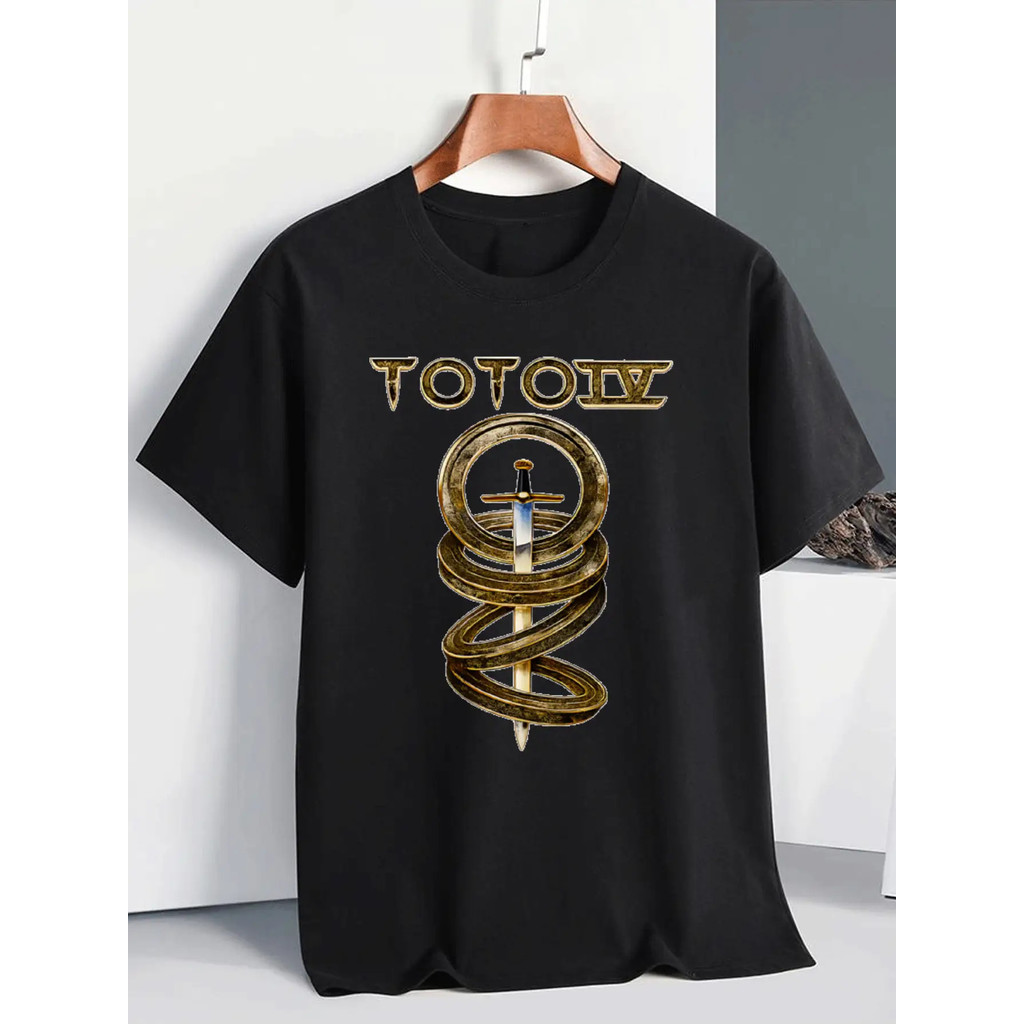 Kaos Katun Logo Band Toto IV Pria - Kaos Lengan Pendek Bernapas dengan Desain Lingkaran Emas, Atasan