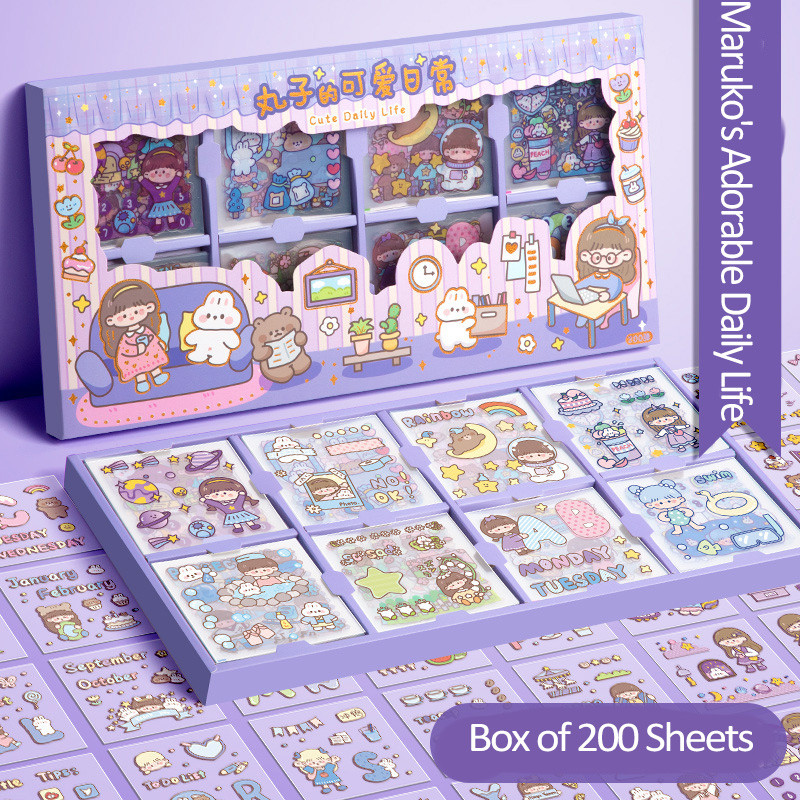 

【200 Sheets】Adorable Cartoon Themed Stickers Waterproof Large Size Decorative Stickers for Planners Journals Notebooks and Water Bottles