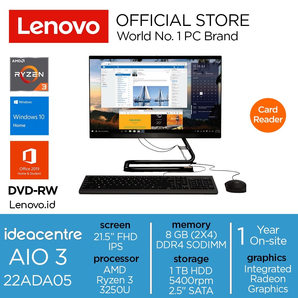 Lenovo PC IdeaCentre AIO 3 22ADA05 Ryzen 3 3250U Win10 Home 8GB 1TB HDD SATA 21.5" FHD IPS Integrate