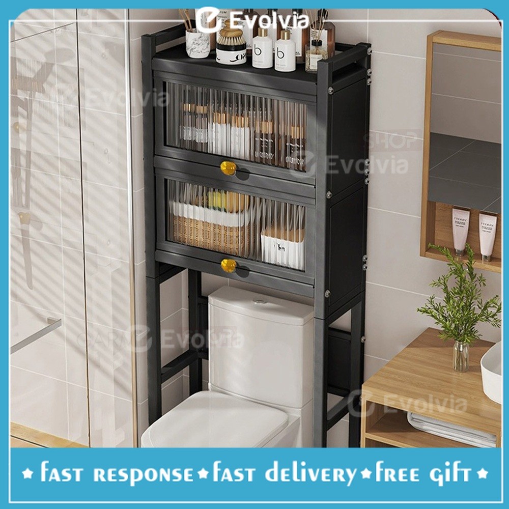 Rak Toilet Besi Stainless Steel Lemari Kamar Mandi Tertutup Atas Kloset Tempat Sabun Shampoo Tissue 