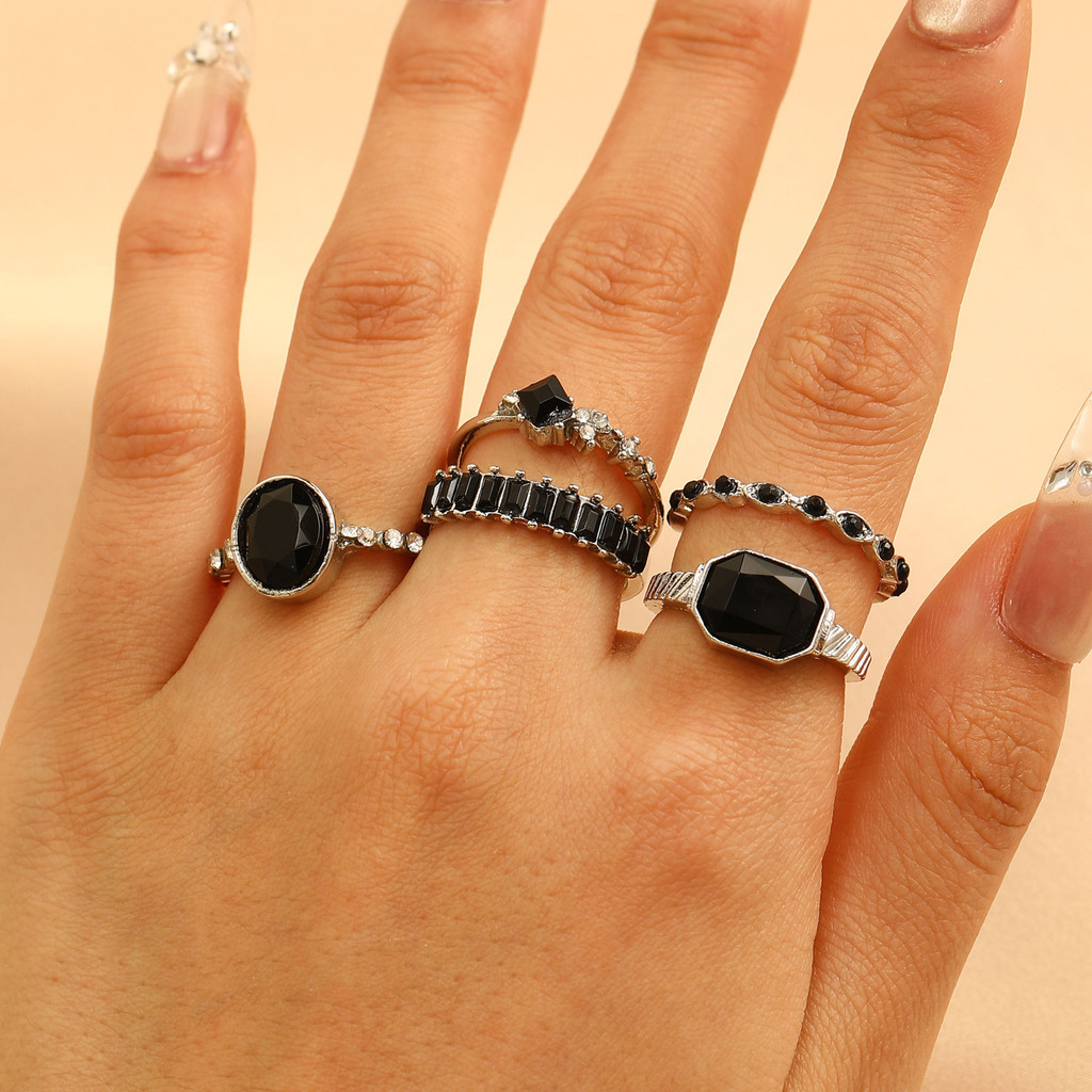 Cincin Berlian Imitasi Hitam Wanita, Cincin Berlian Geometrik Cincin Set P-Piece