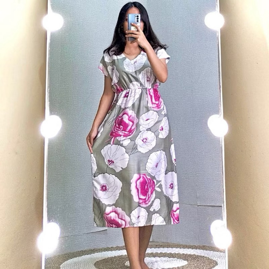 Manohara - Daster Midi Motif Bunga Dress Lengan Pendek Rayon Premium Murah