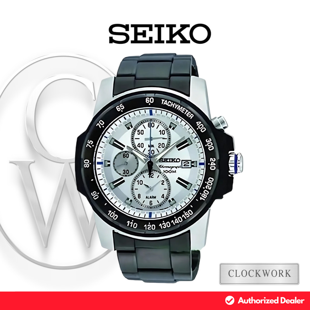 Jam Tangan Pria Seiko Chronograph SNAD19P1 Rantai Sporty Casual Hitam Dial Putih