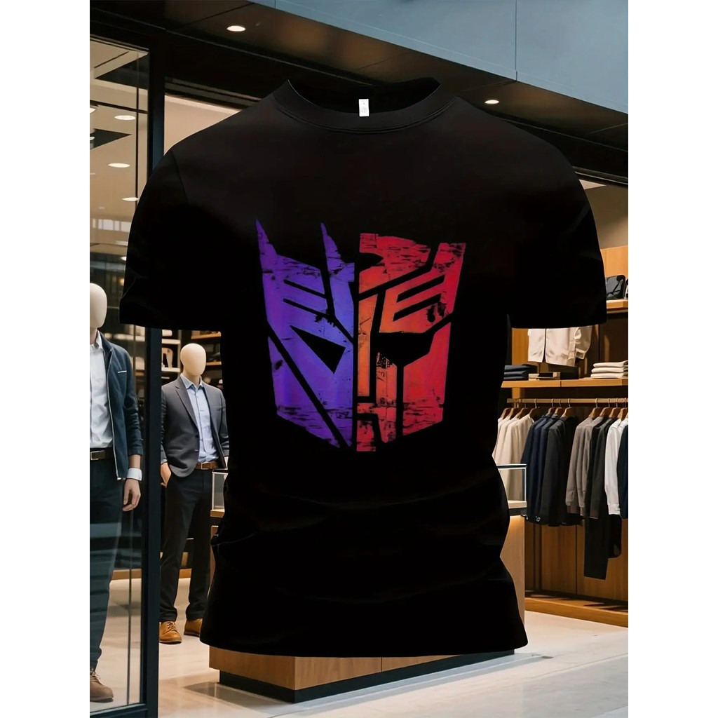 Kaos Hitam Ukuran Besar Pria dengan Cetakan Emblem Kunci Yunani Dua Warna Pink & Ungu, Atasan Santai