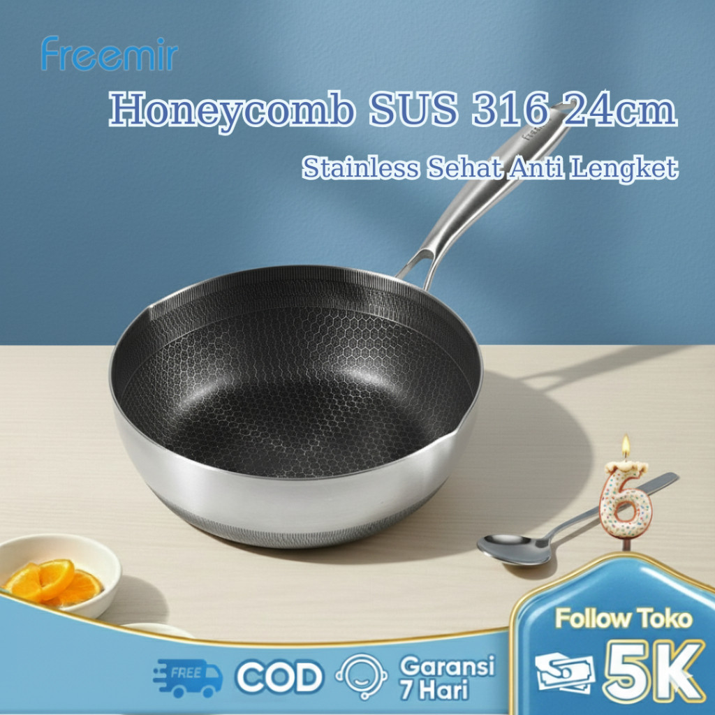 [ZORELL] freemir original Stainless Steel 316 Honeycomb Wok Pan 24cm Tutup Kaca Anti Lengket Premium