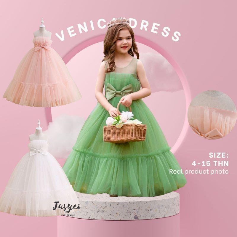 Venica Tosca Green Pink White Long Dress/ Long Gaun Tille Anak Perempuan Mewah