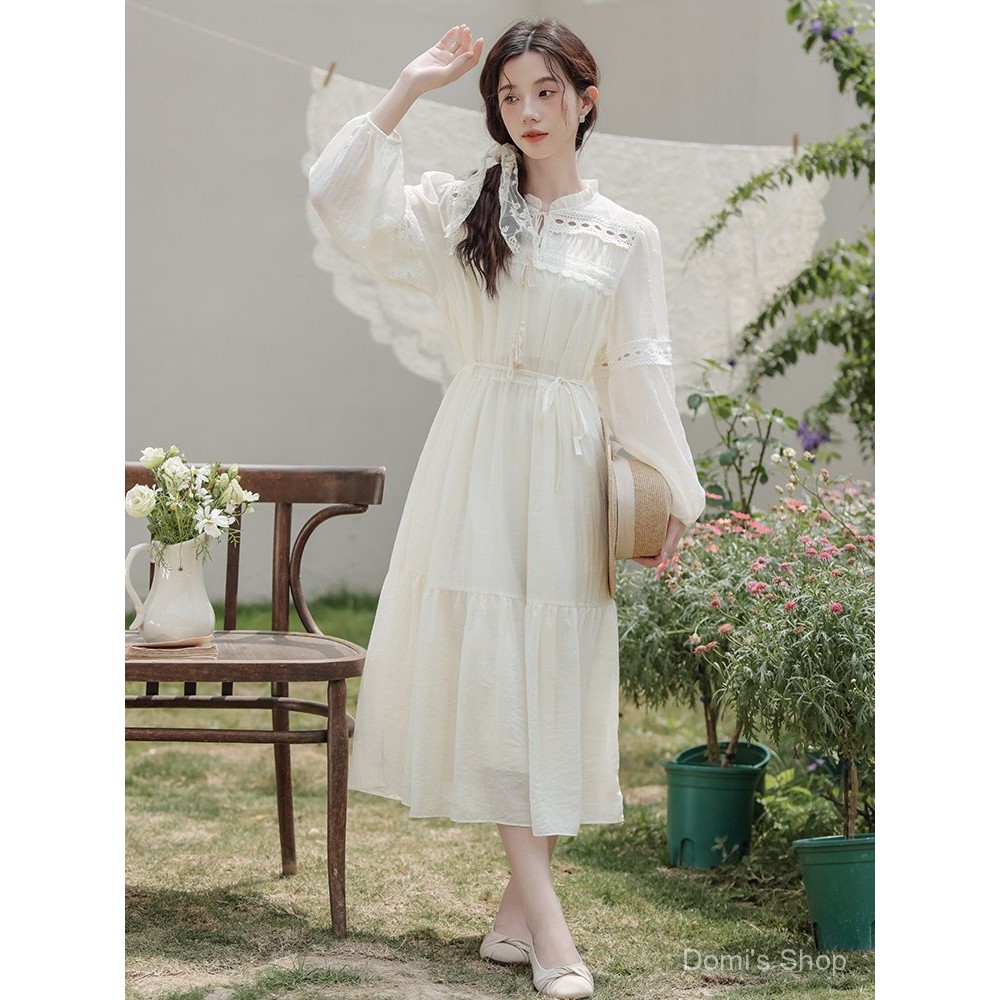 Ethnic Style Beautiful White Dress Bohemian Long Sleeve Dress for Women