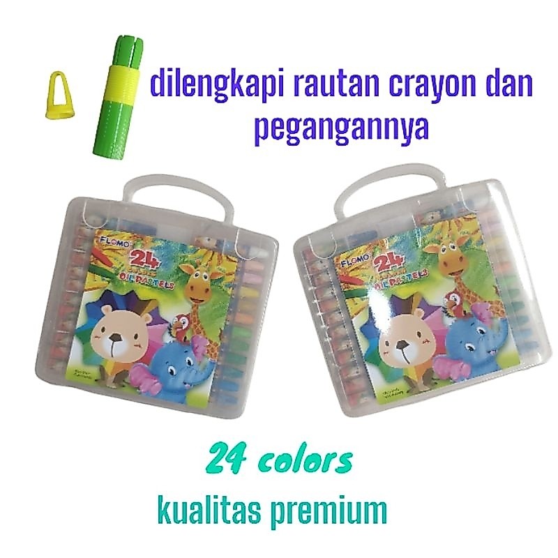 crayon 24 warna Flomo kualitas premium dengan rautan dan pegangan crayon