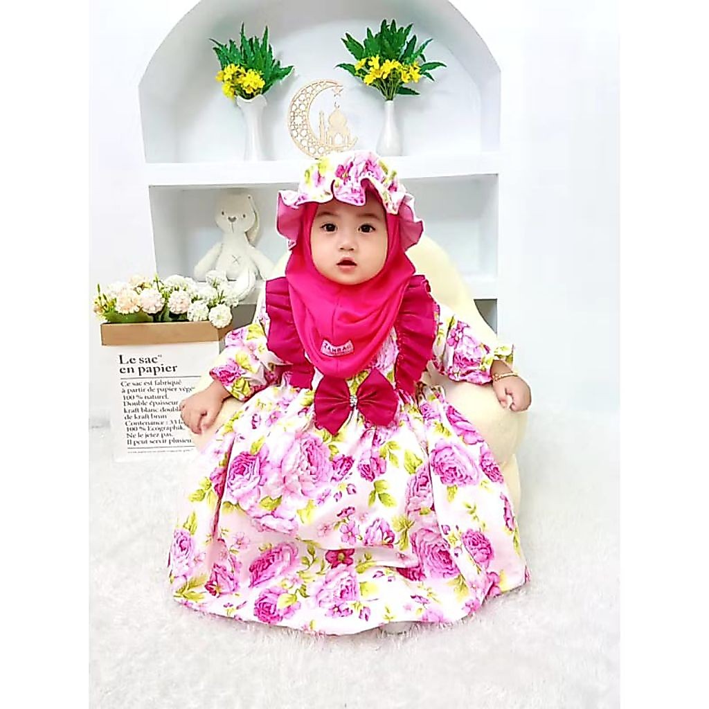 GAMIS SABRINA SET HIJAB TOPI by zahra Gamis bayi lucu dan cantik,gamis anak bayi NB smapai 10 tahun