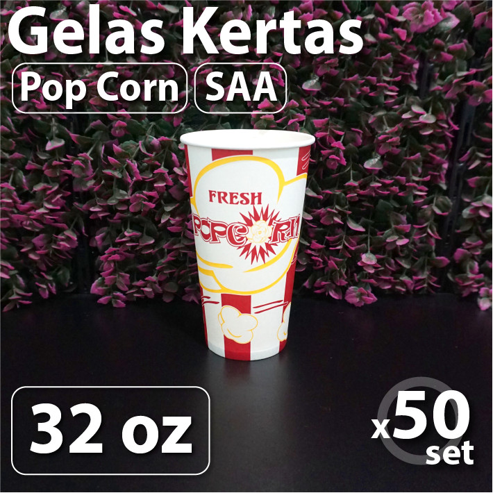 Pak isi 50 pcs - Cup POPCORN - Gelas Kertas 32 oz - Food Grade - SAA
