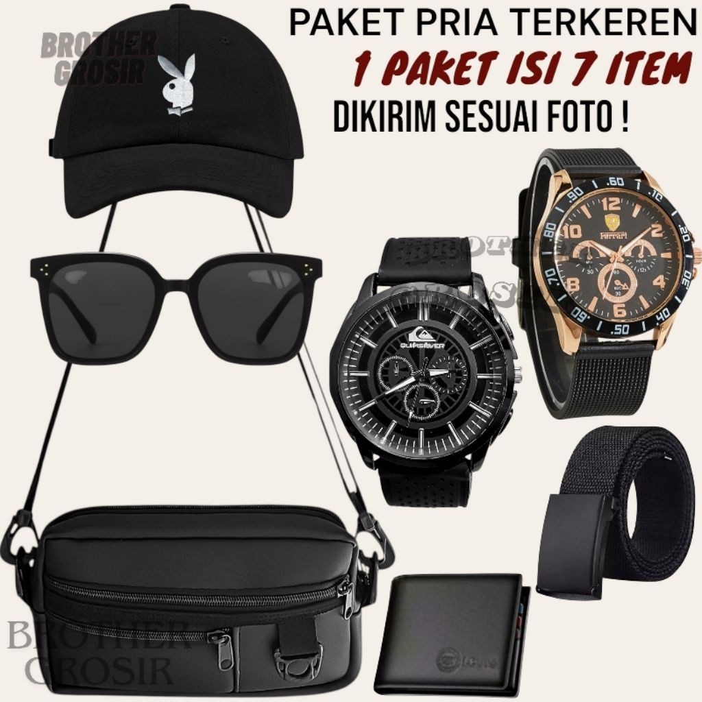 (PROMO PAKET TERKOMPLIT) 7 in 1/Jam Tangan Pria Jam Keren Gratis Tas Selempang,Topi Distro,Dompet Ku