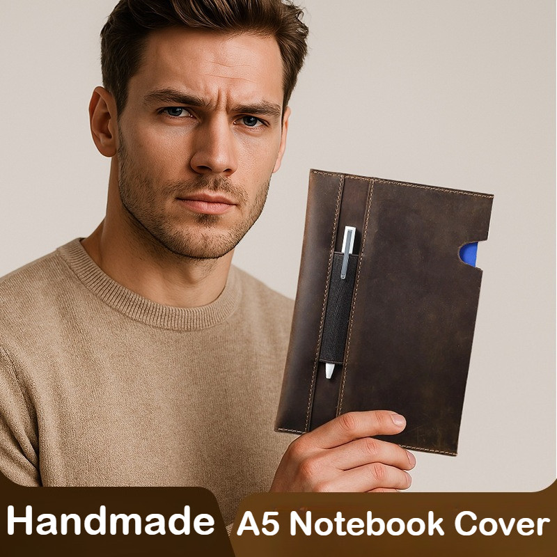 

Minimalist Cowhide A5 Notebook Cover Handmade Crazy Horse Leather with Pen Slot Clasp Closure School Office Supplies Stationery
