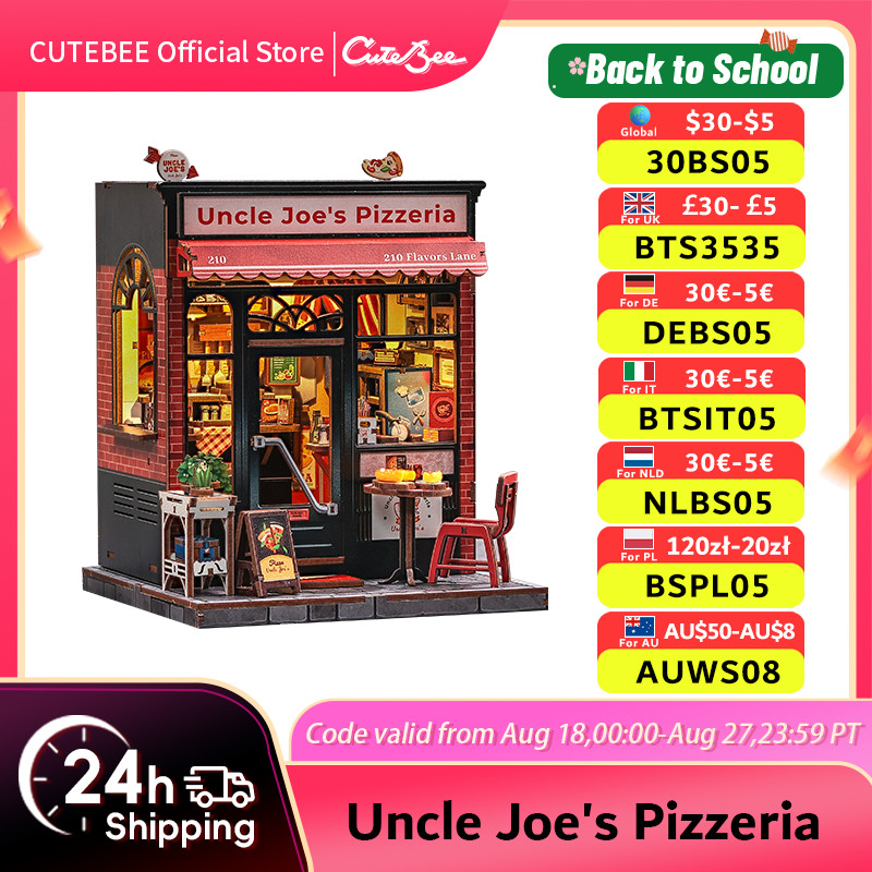 CUTEBEE Book Nook Kit DIY Doll House with LED Light Bookshelf Insert Uncle Joe's Pizzeria Miniature 