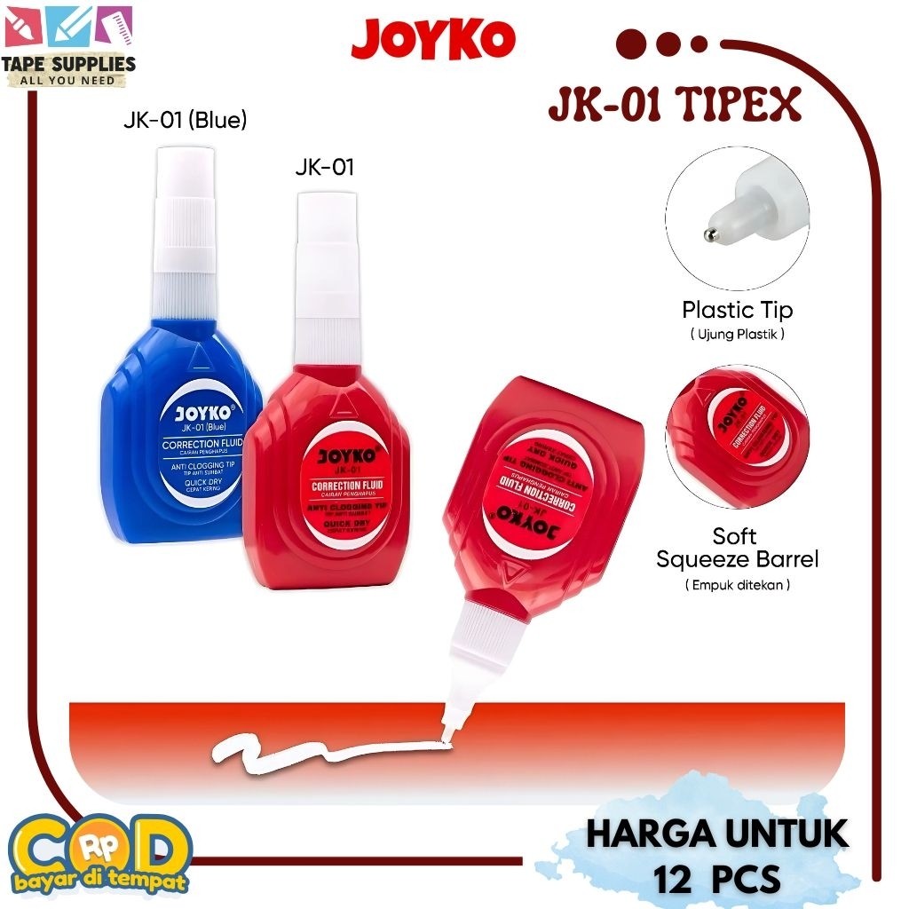 

New (12 pcs) Tipe-x / Tipex Cair Correction Fluid JOYKO Cairan Koreksi - Penghapus Cair JK-01Premium