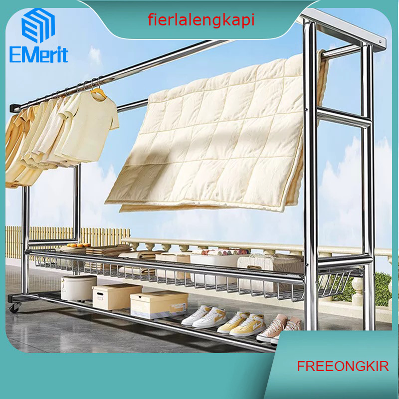 Rak Gantungan Baju Berdiri Stainless Jemuran Baju Besi Kuat Besar Jemuran Baju Stainless Dengan Roda