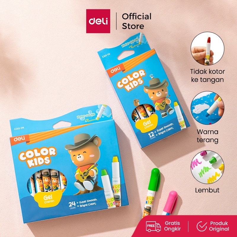 

New Deli Gel Crayon / Krayon 12 24 Warna Tidak Mengotori Tangan Bersertifikat Aman EC211Premium