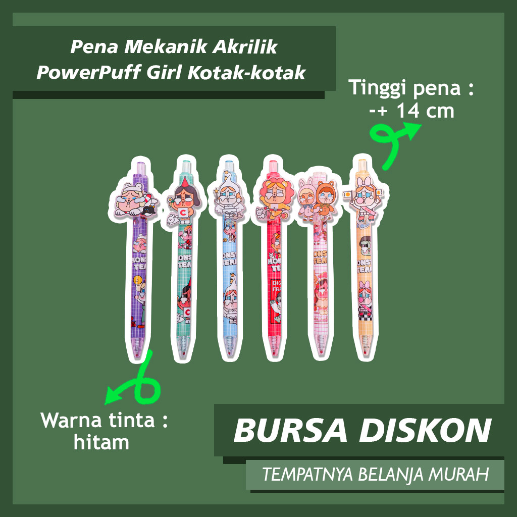 

Pena Mekanik Akrilik PowerPuff Girl Kotak-kotak Mechanichal Cetek Pen Bolpen Tinta Hitam Lucu