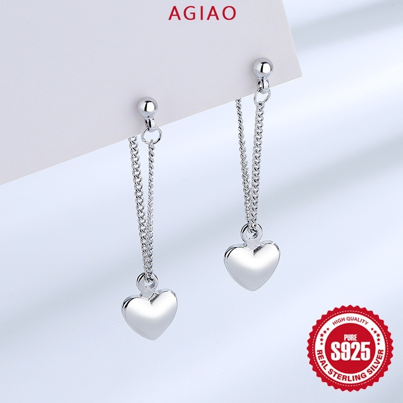 AGIAO Anting-anting Rumbai Bentuk Hati Datar Untuk Wanita, Anting-anting Panjang Sederhana Emas Puti