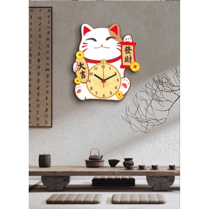 jam dinding kucing, lucky cat, hiasan dinding, kado,