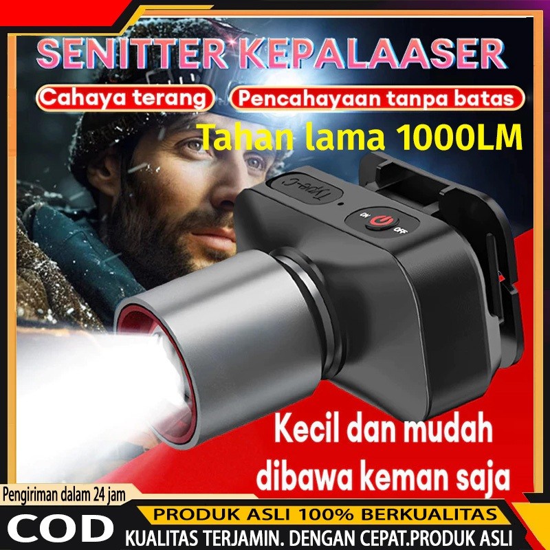 Senter Kepala Super Terang Headlamp LED Lampu Kepala Zoom Rechargeable Type-C Cahaya Putih Dan Kunin