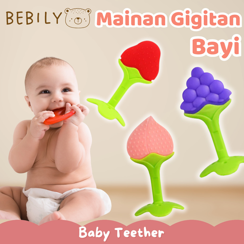 Gigitan Bayi Teether Silikon Mainan Bayi Motif Buah Gigitan Bayi Aman Non BPA Tumbuh Gigi