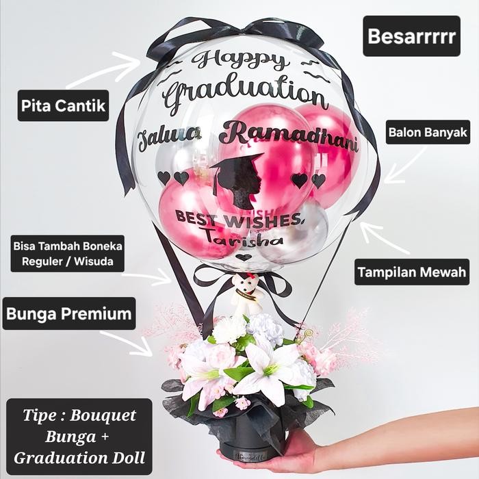 READY | Balon Bouquet Bunga Premium Box | Balloon Flower Buket Viral - Soft Lilac Chrm, + Boneka &La