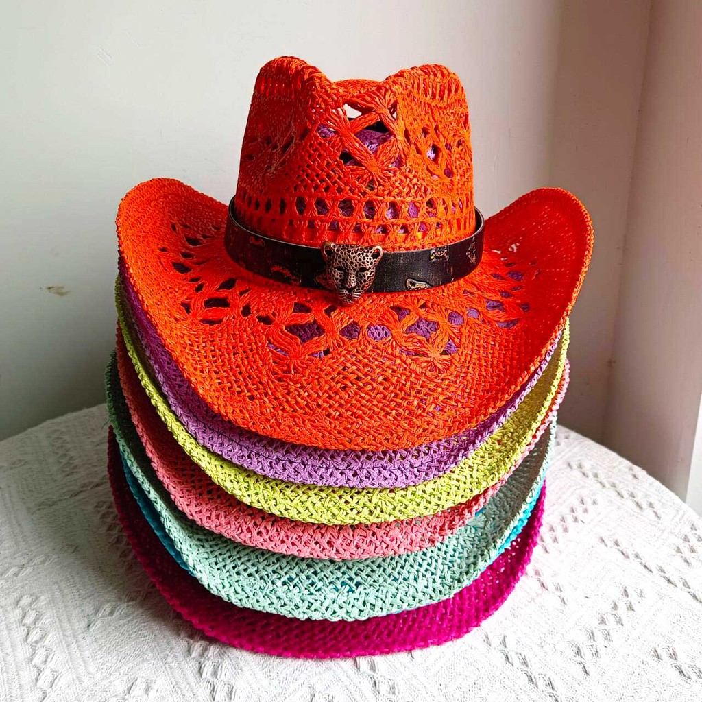 Summer cowboy hat hollow woven straw hat new leopard head leather cowboy hat outdoor travel sun hat 