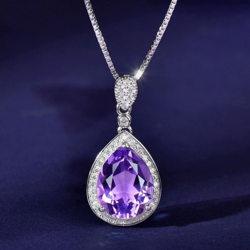 Kalung amethyst alami liontin batu mentah liontin berbentuk tetesan air 925 Sterling Silver