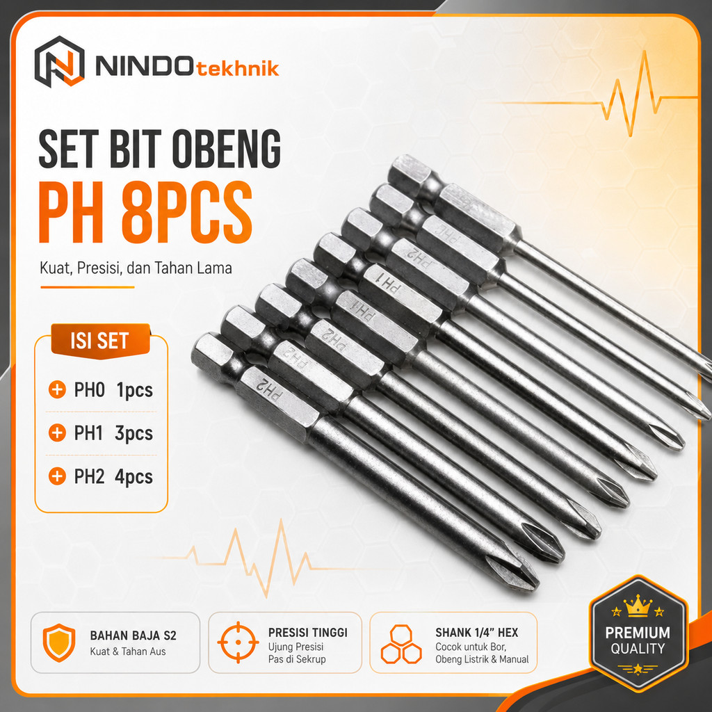 NindoTeknik Mata bor Obeng plus Magnet Magnetic 75mm 8pcs PH1 PH2 Anti Slip
