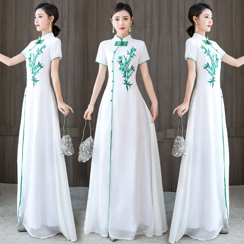 20266v Dress wanita, gaun Cheongsam bordir elegan