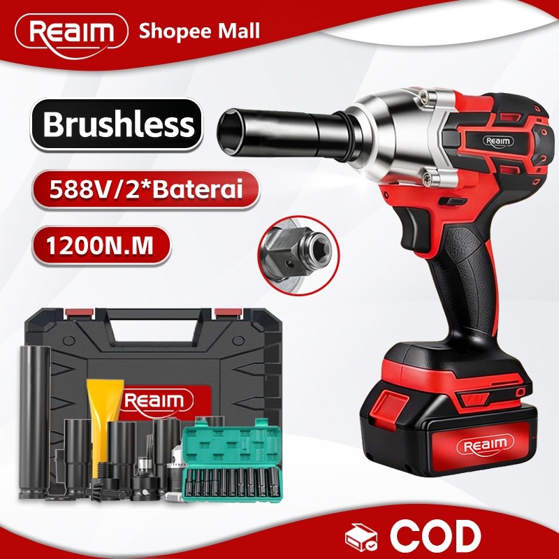 REAIM  Impact Wrench Brushless Bor Baterai Bor Listrik Impact Baterai Untuk Baut Mobil