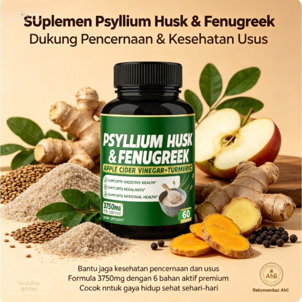 Suplemen Psyllium Husk & Fenugreek 3750mg 60 Kapsul Dukung Pencernaan & Kesehatan Usus ly62334