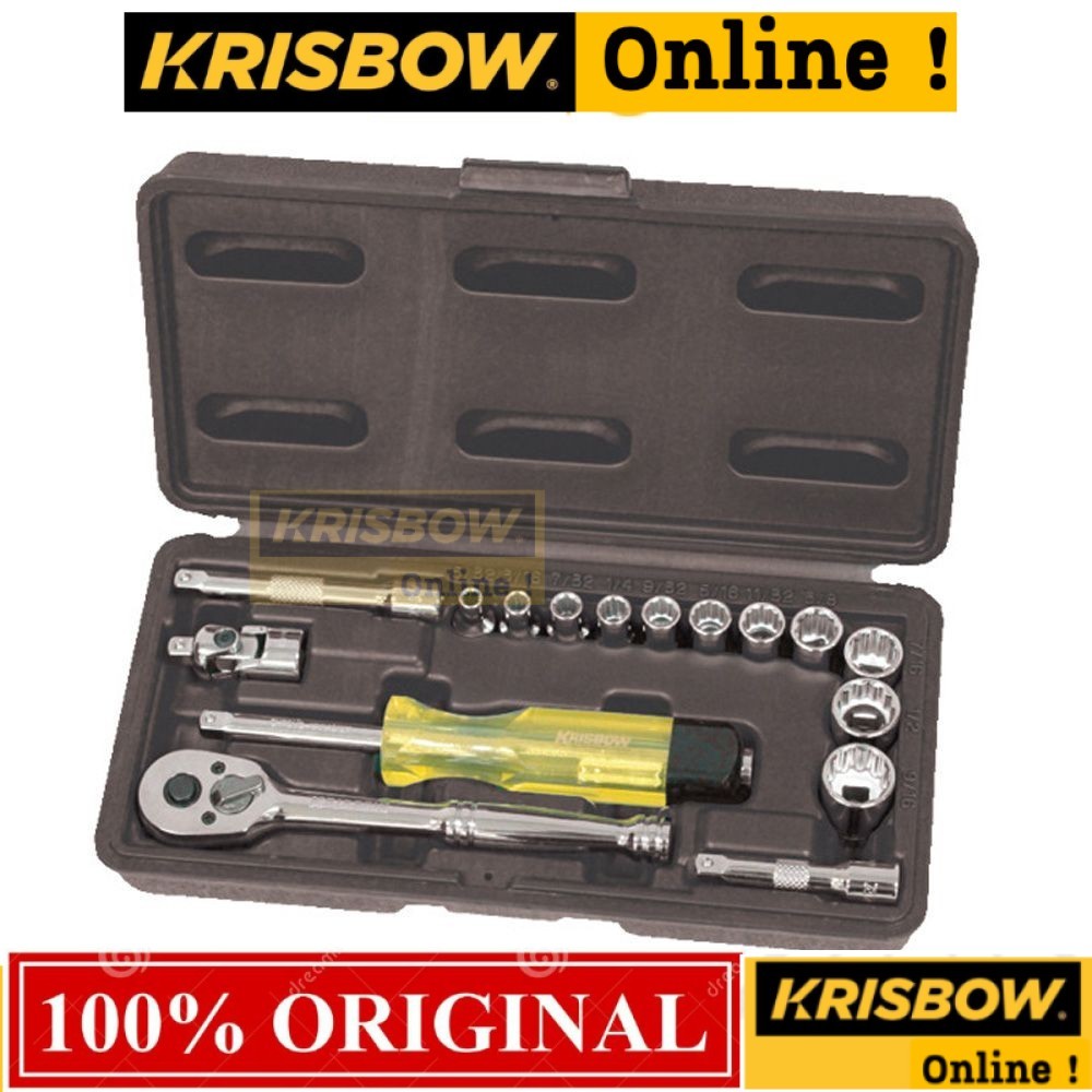 Krisbow Set Kunci Sok SQ 1/4" inch inchi  5/32" -9/16" (16) Socket Soket Set Kunci Sok Tool Set Ratc