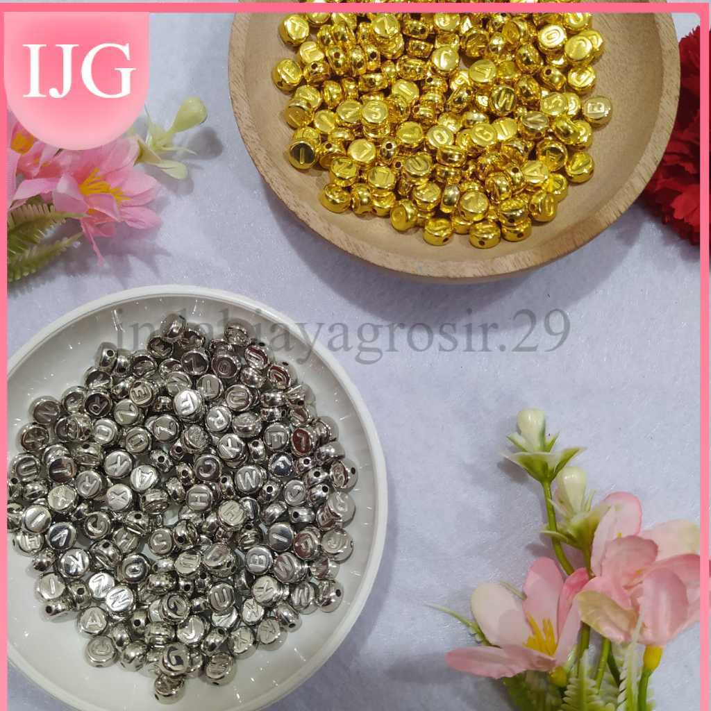 1 Pon Letter Beads Mini Bulat Gold Silver Huruf 450GR